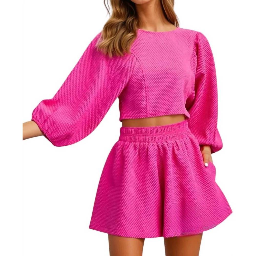 NEW GLAM catalina round neckline balloon sleeve top & short set in magenta